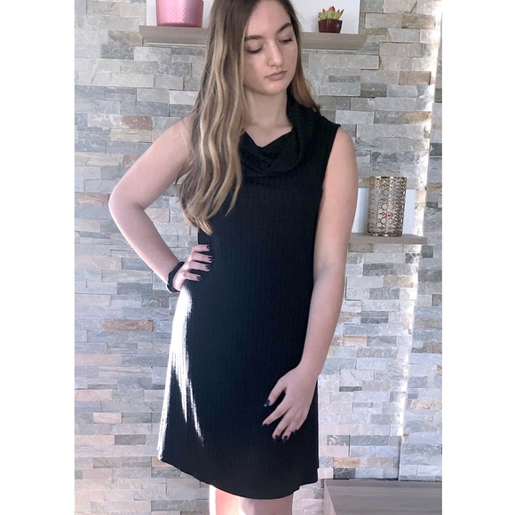 Cowl neck knit ribbed dress | Black - Picture 1 of 5
